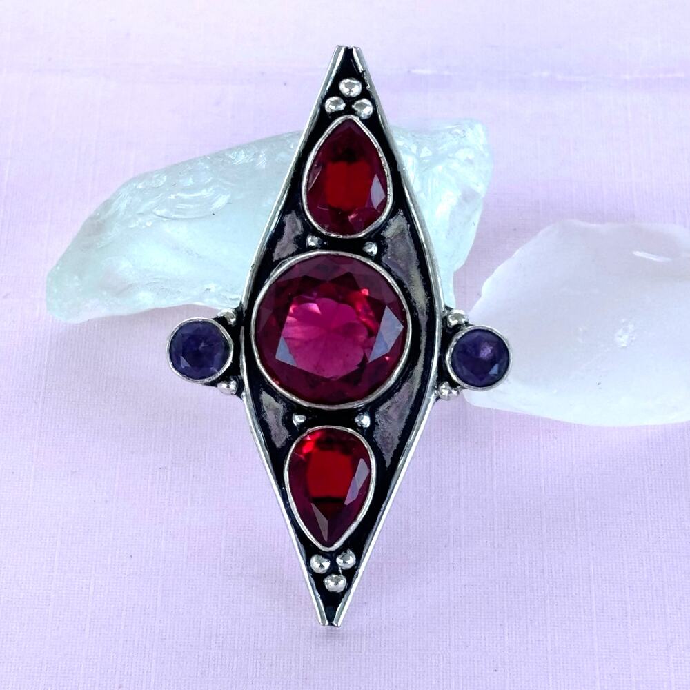 925 Sterling Faceted Garnet Amethyst Knuckle Ring 8.5